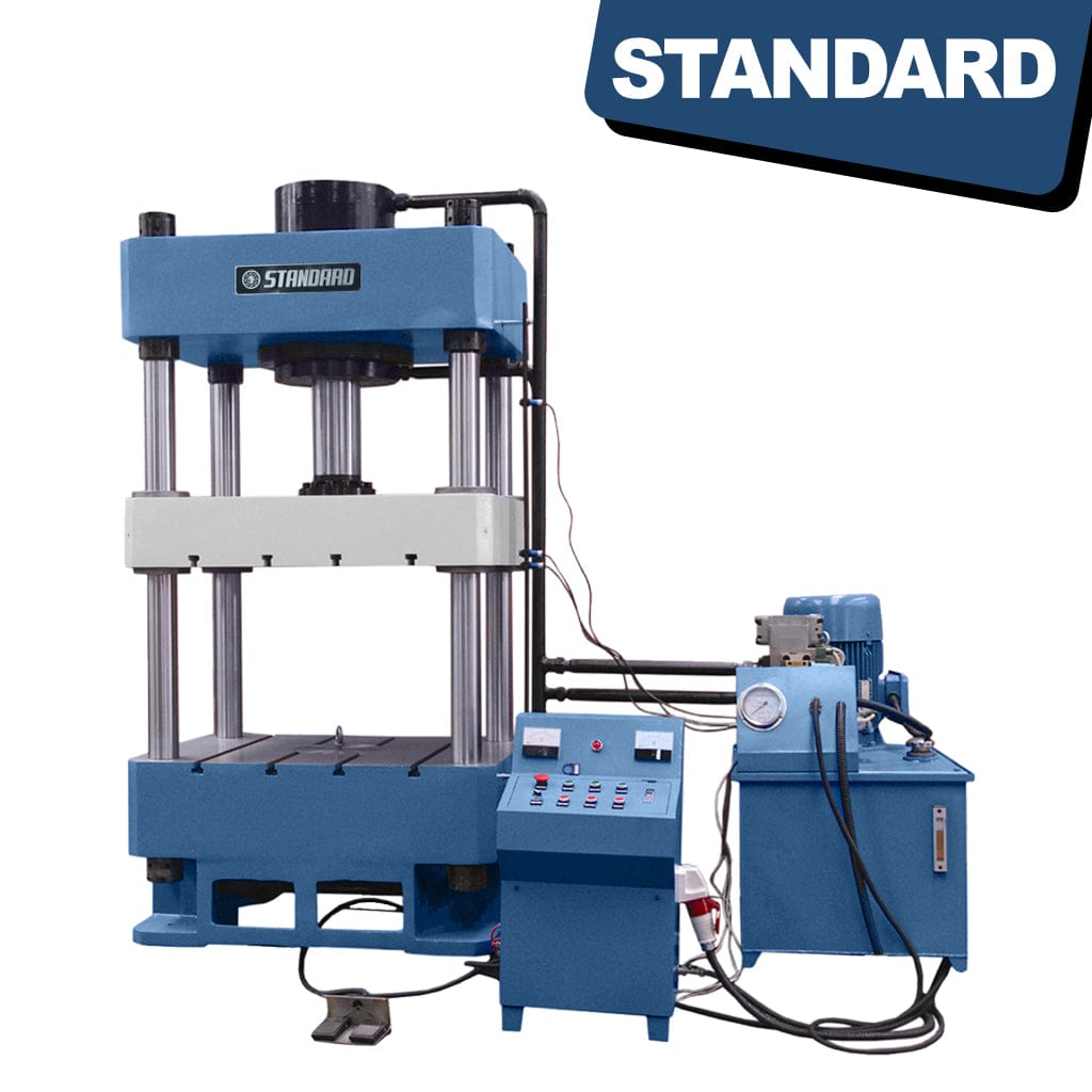 STANDARD H4P-315 4-post Hydraulic Press 315 tons – A powerful hydraulic press machine with four vertical posts and a 315-ton capacity, designed for heavy-duty industrial applications. It includes a control panel and a robust frame for precise material compression and shaping.