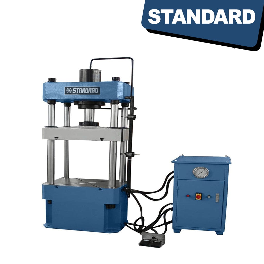 An image of the STANDARD H4P-63 4-post Hydraulic Press, a heavy-duty machine with a 63-ton capacity, featuring a robust steel frame and hydraulic components. The press is designed for various industrial applications, such as metalworking and fabrication