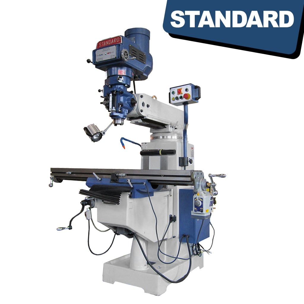 Standard M-4V Turret milling machine with Variable Speed head, 3hp motor and ISO40 Spindle taper available from STANDARD and Standard Direct.