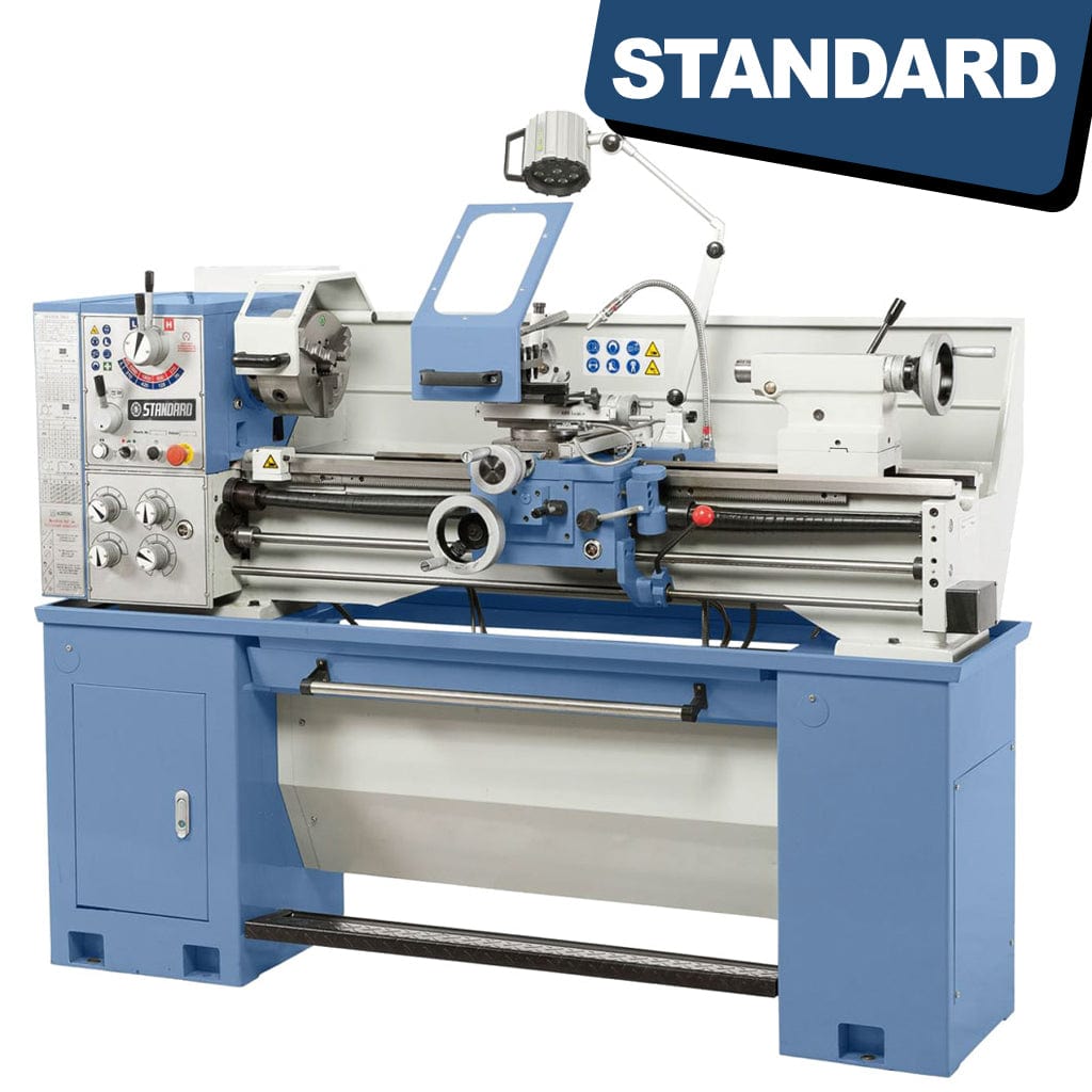 STANDARD T-360x1000 Precision Lathe with a Foot Brake, a machine used for metalworking and shaping materials. The lathe is a stationary tool with various controls and mechanisms for precise machining operations.