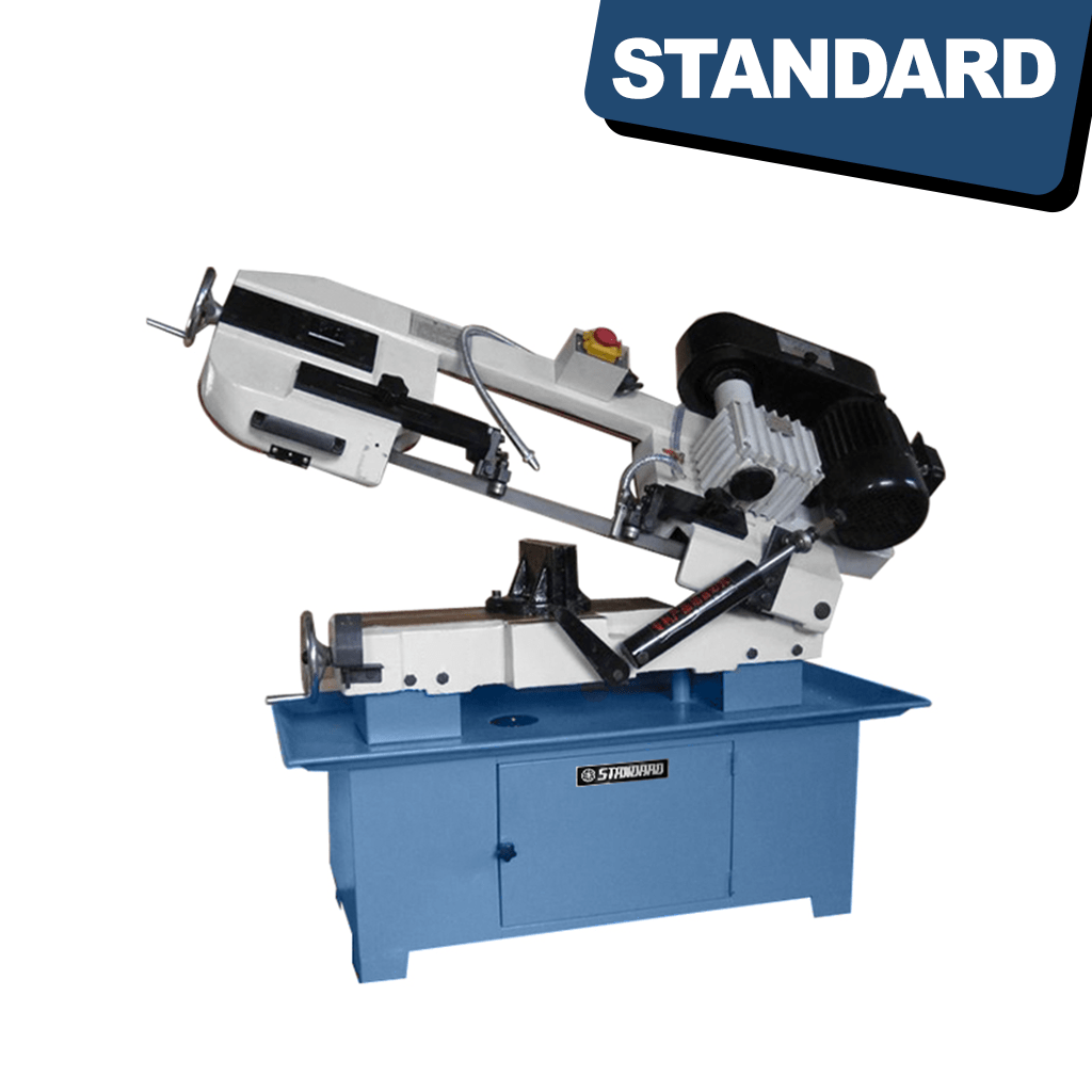 The STANDARD B-180 Manual Bandsaw, a versatile bandsaw that can be used both horizontally and vertically. It features a sturdy frame, a cutting blade, and adjustable controls for cutting various materials.