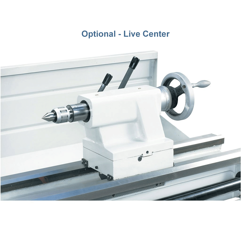 Live center on the STANDARD T-510x1500 Solid Base Precision Lathe, a rotating component used to support and stabilize the workpiece during machining
