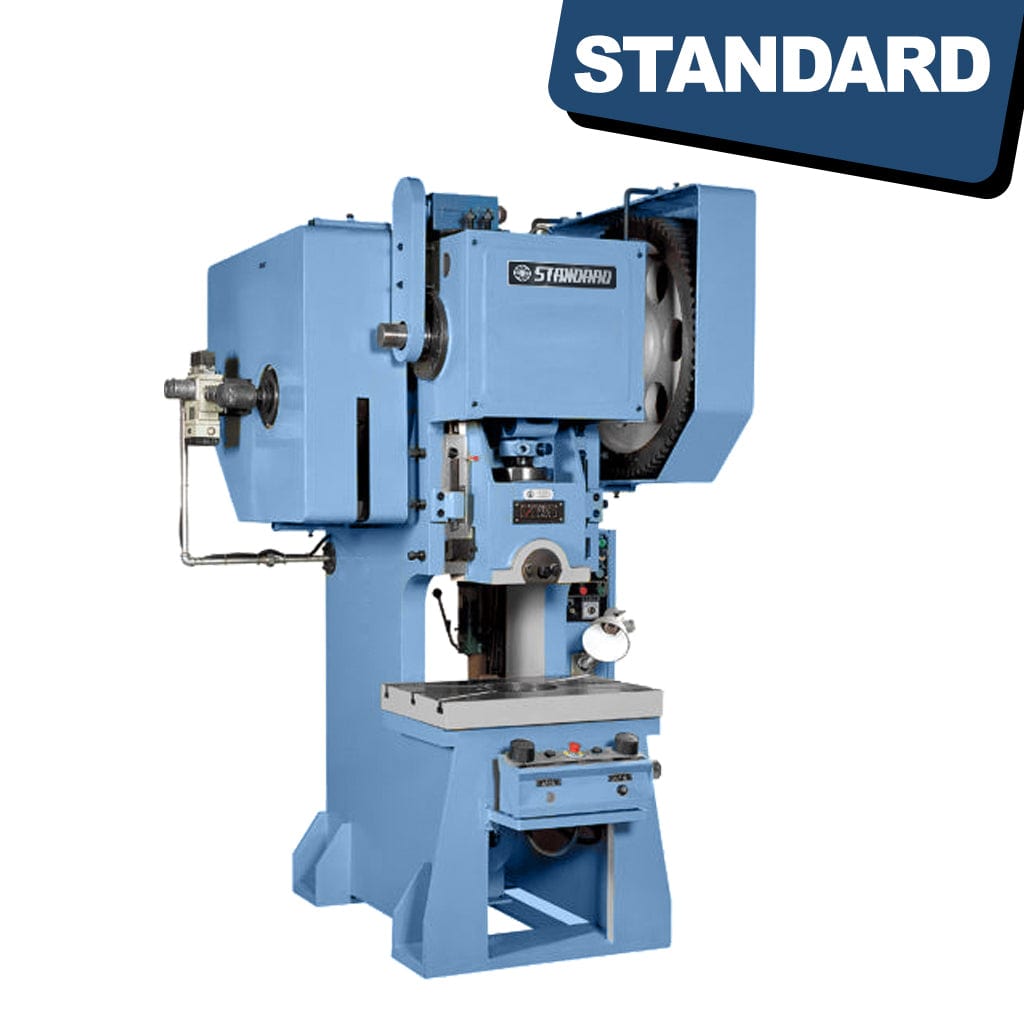 STANDARD EPA-100P Eccentric Press with Adjustable Stroke and Pneumatic Clutch. The machine stands tall, featuring a sturdy frame with various mechanical components. The press includes a control panel, an adjustable stroke mechanism, and a pneumatic clutch system. It has a metallic finish with visible bolts and levers.